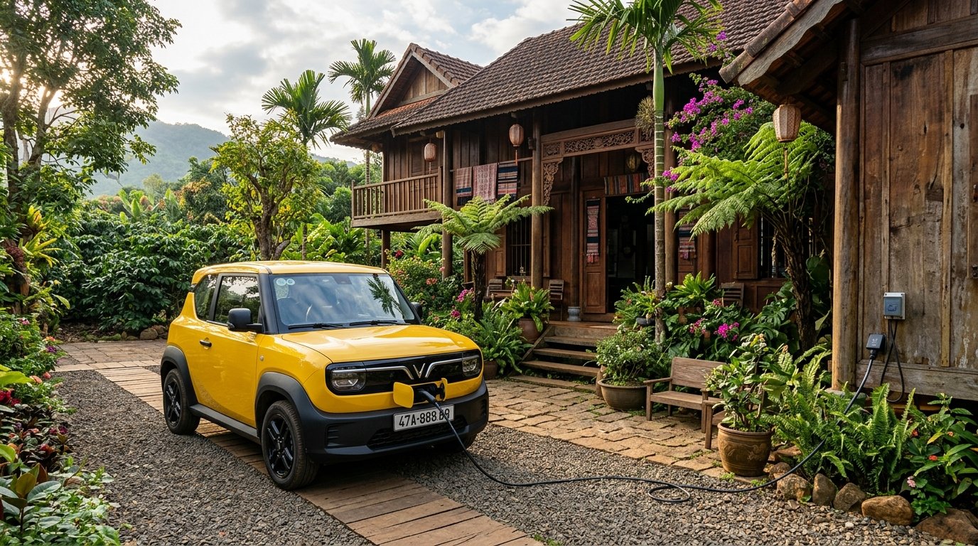 Sạc xe điện VinFast VF3 bằng sạc di động 220V tại homestay