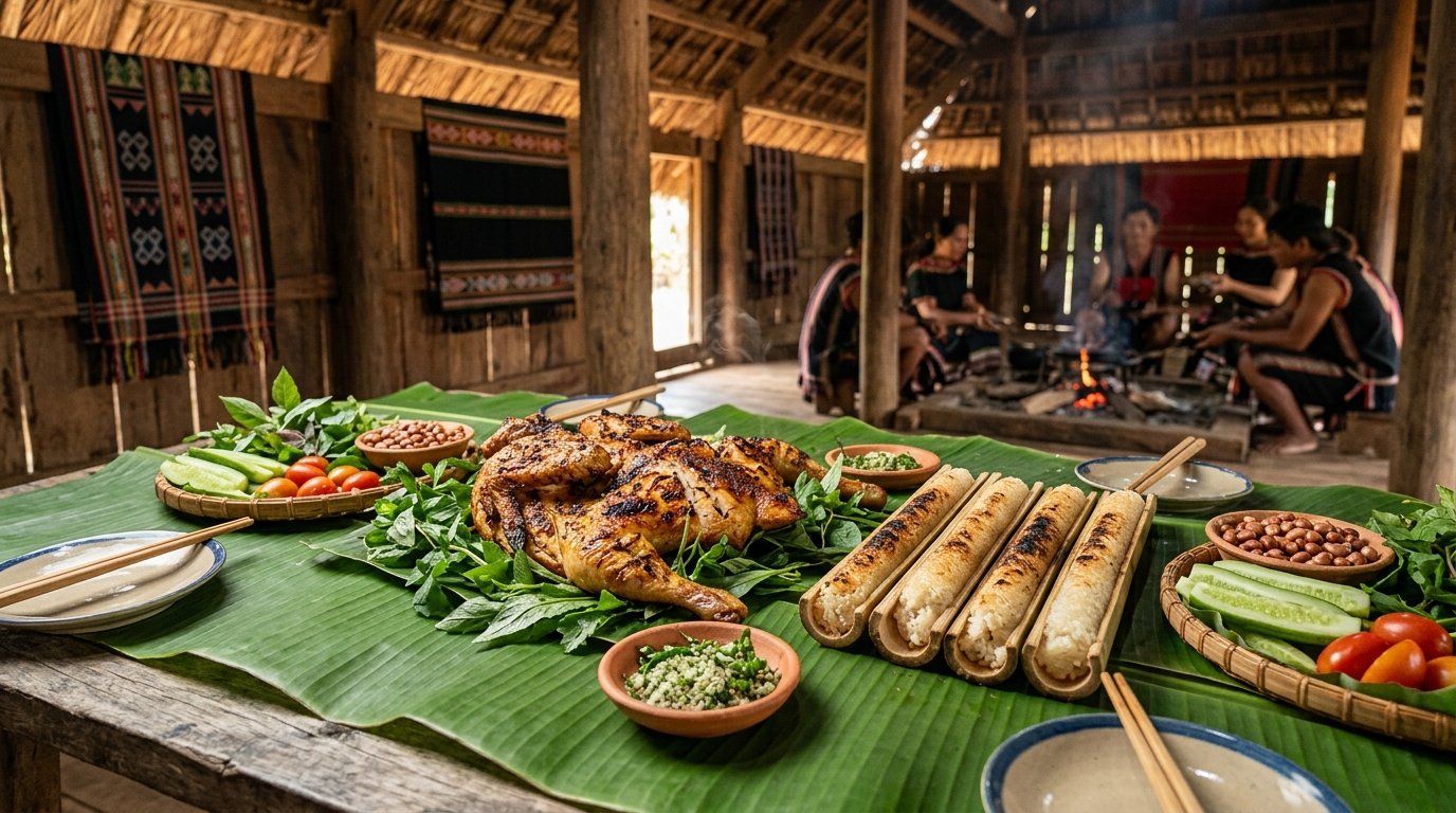 Cơm lam gà nướng chấm muối é Tây Nguyên trong nhà sàn Ê Đê Buôn Ma Thuột