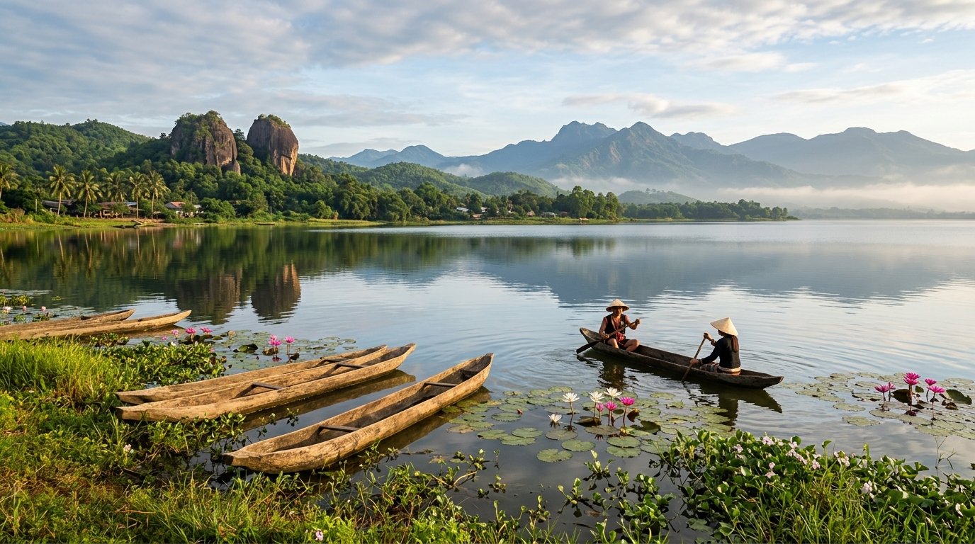 Hồ Lắk Đắk Lắk thuyền độc mộc mặt hồ bình yên và dãy núi trùng điệp